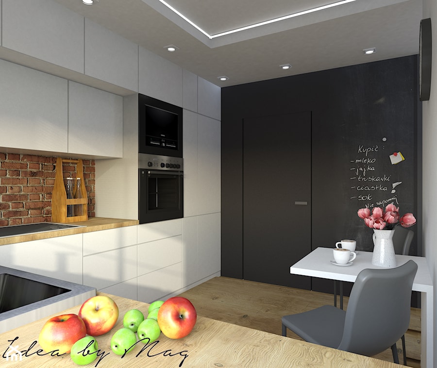 Efekt WOW - Średnia zamknięta czarna pomarańczowa z zabudowaną lodówką kuchnia w kształcie litery l z oknem, styl nowoczesny - zdjęcie od Idea by Mag.