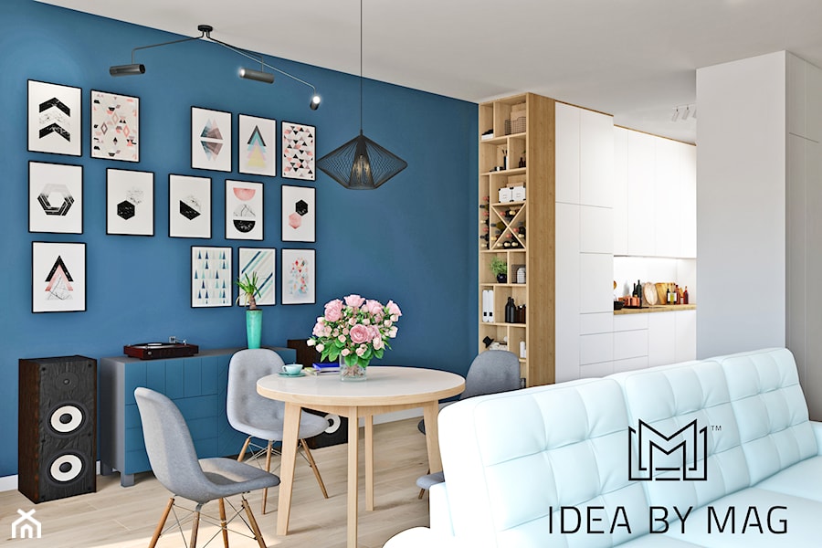 Segment. - Mały niebieski szary salon z kuchnią z jadalnią, styl skandynawski - zdjęcie od Idea by Mag.