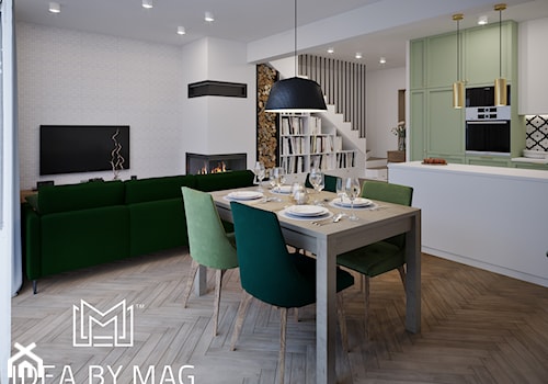 Z nutą pistacji - Średni beżowy biały salon z kuchnią z jadalnią, styl vintage - zdjęcie od Idea by Mag.