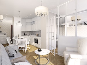 Mały biały salon z kuchnią z jadalnią, styl glamour - zdjęcie od Idea by Mag.