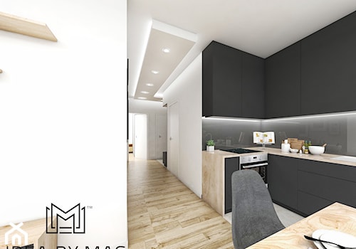 2+2 - Średnia otwarta czarna z zabudowaną lodówką z nablatowym zlewozmywakiem kuchnia w kształcie litery l, styl nowoczesny - zdjęcie od Idea by Mag.
