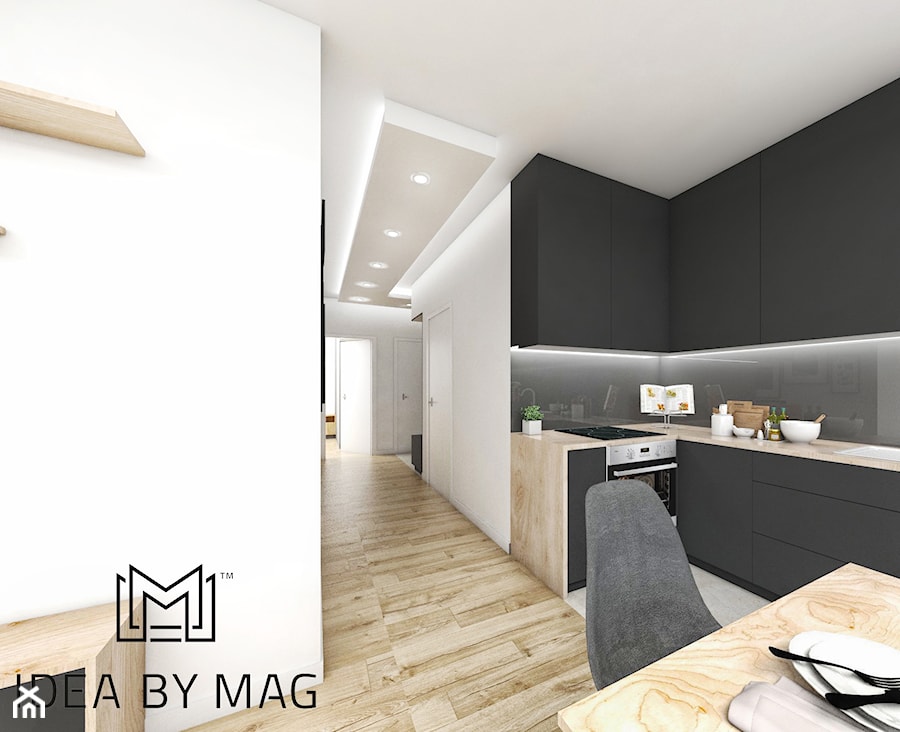 2+2 - Średnia otwarta czarna z zabudowaną lodówką z nablatowym zlewozmywakiem kuchnia w kształcie litery l, styl nowoczesny - zdjęcie od Idea by Mag.