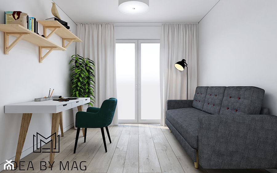 Klatka. - Średnie z sofą białe biuro, styl skandynawski - zdjęcie od Idea by Mag.