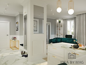 Marmur z dodatkiem koloru, połączenie idealne - Średni biały szary salon z kuchnią, styl tradycyjny - zdjęcie od Idea by Mag.