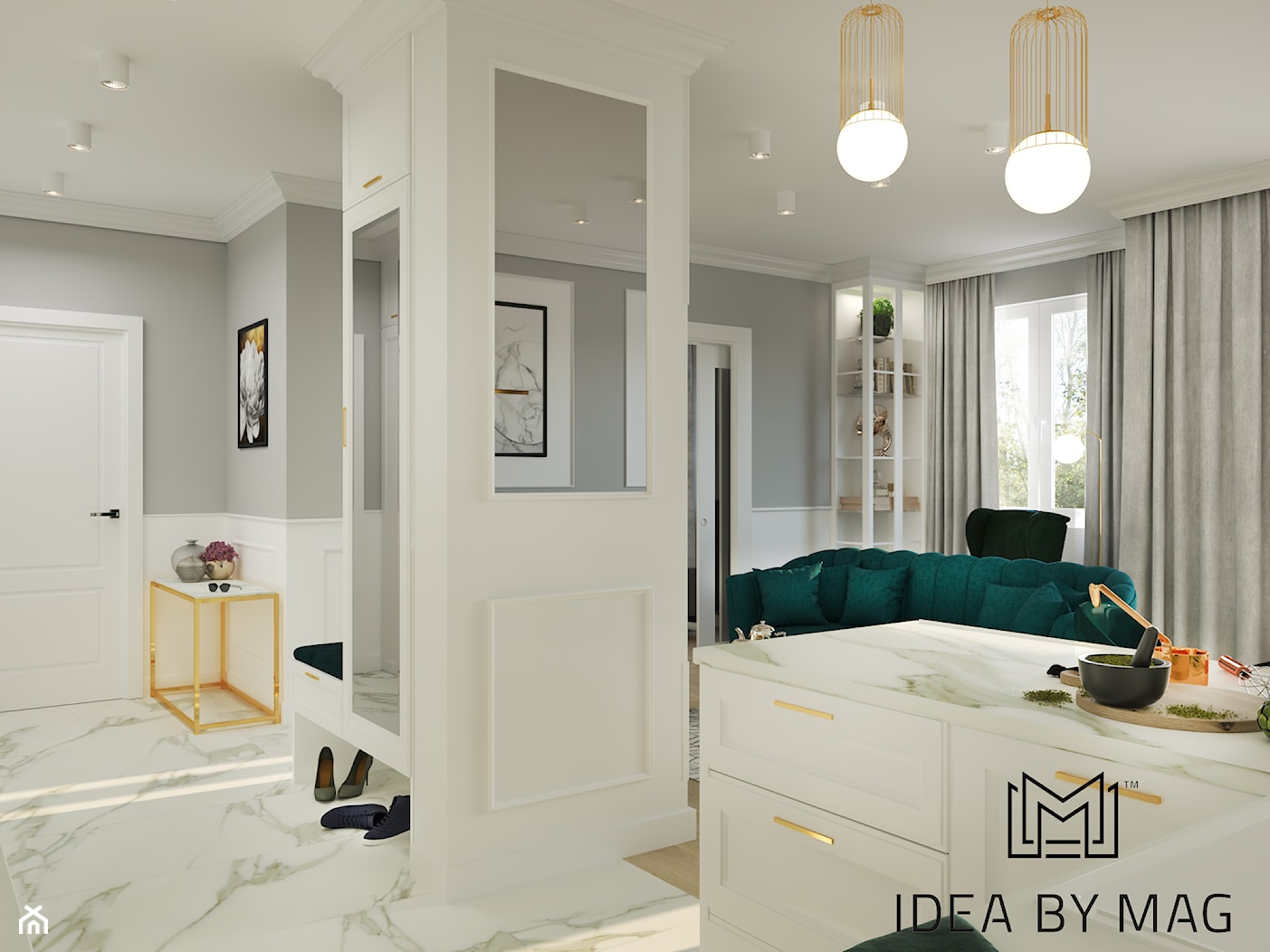 Marmur z dodatkiem koloru, połączenie idealne - Średni biały szary salon z kuchnią, styl tradycyjny - zdjęcie od Idea by Mag. - Homebook
