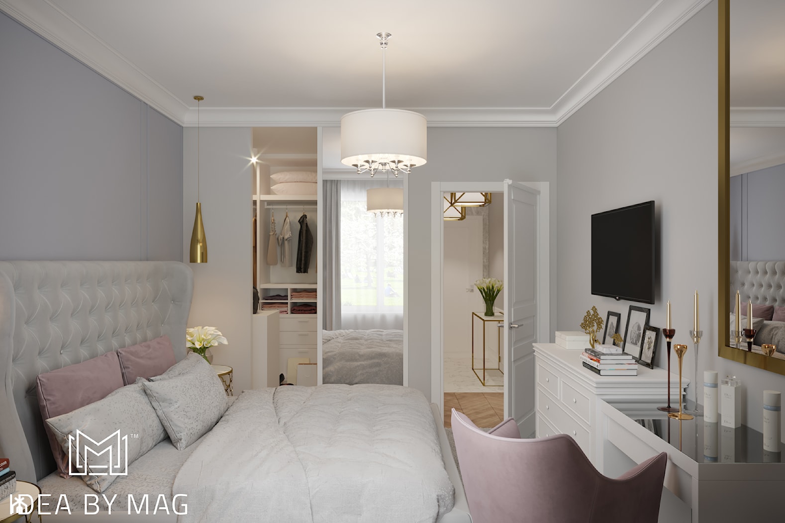 Pastelowa elegancja - Średnia szara sypialnia z garderobą, styl tradycyjny - zdjęcie od Idea by Mag. - Homebook