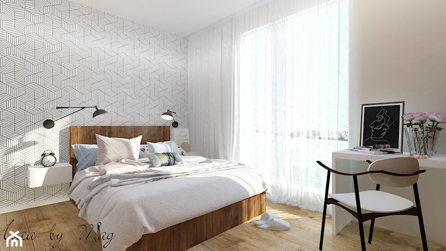 Ceglane wnętrze. - Duża biała szara z biurkiem sypialnia, styl rustykalny - zdjęcie od Idea by Mag.