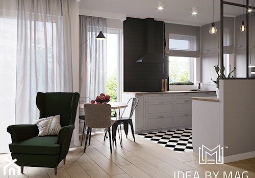 Klasyczny loft - Średnia otwarta z salonem biała czarna z zabudowaną lodówką kuchnia w kształcie litery u z oknem, styl industrialny - zdjęcie od Idea by Mag.