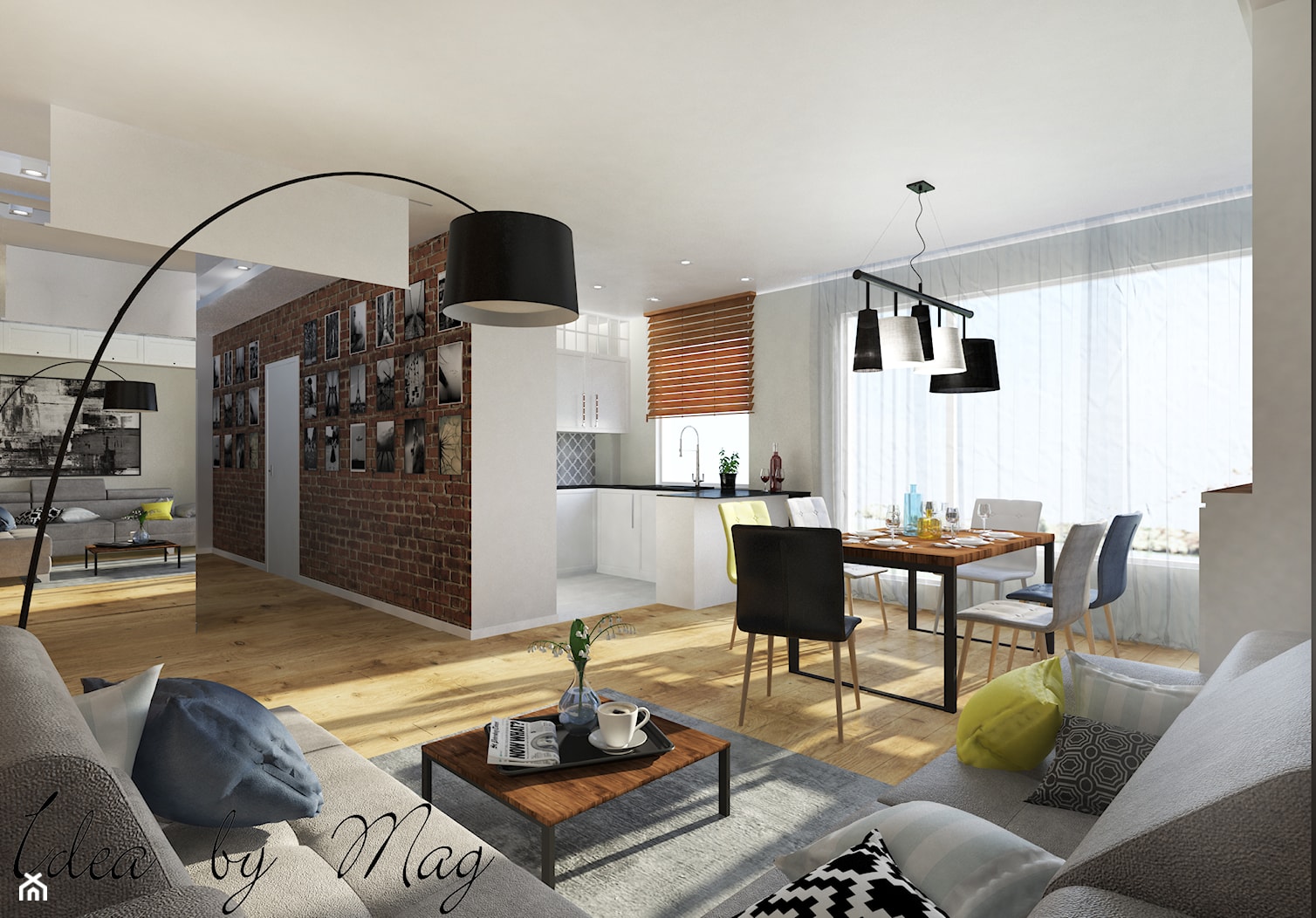 Ceglane wnętrze. - Duży biały salon z kuchnią z jadalnią, styl rustykalny - zdjęcie od Idea by Mag. - Homebook
