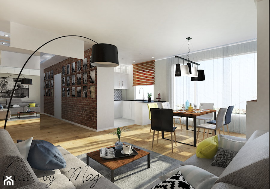 Ceglane wnętrze. - Duży biały salon z kuchnią z jadalnią, styl rustykalny - zdjęcie od Idea by Mag.