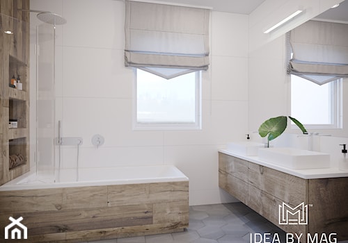 Z nutą pistacji - Średnia z dwoma umywalkami z punktowym oświetleniem łazienka z oknem, styl vintage - zdjęcie od Idea by Mag.