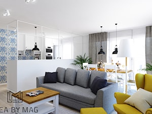 Klatka. - Średni biały salon z kuchnią z jadalnią z tarasem / balkonem, styl prowansalski - zdjęcie od Idea by Mag.