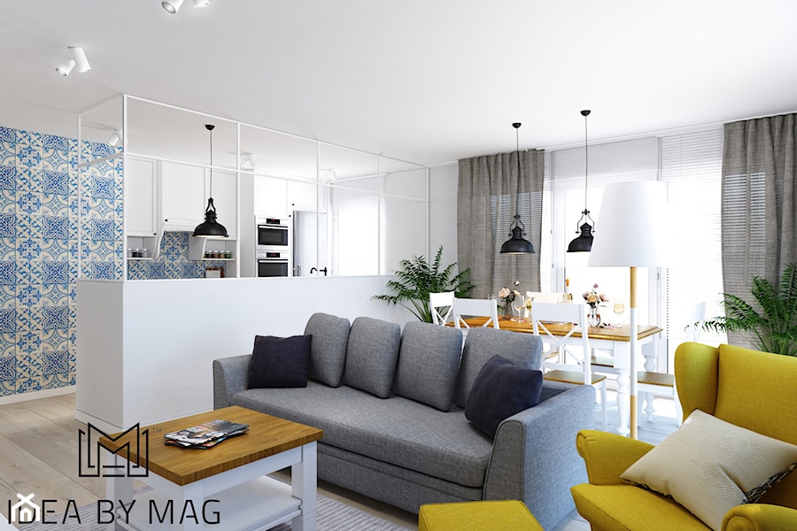 Klatka. - Średni biały salon z kuchnią z jadalnią z tarasem / balkonem, styl prowansalski - zdjęcie od Idea by Mag.