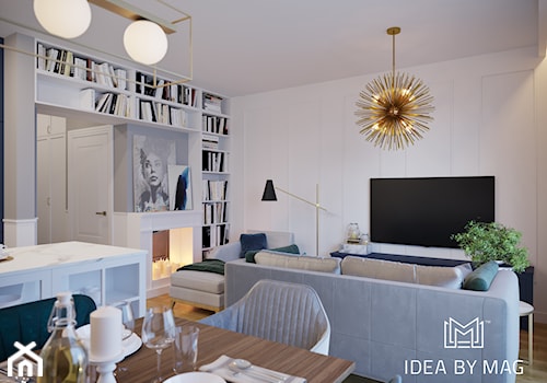 Projekt segmentu w klasycznym stylu - Średni biały salon z kuchnią z jadalnią z bibiloteczką, styl tradycyjny - zdjęcie od Idea by Mag.