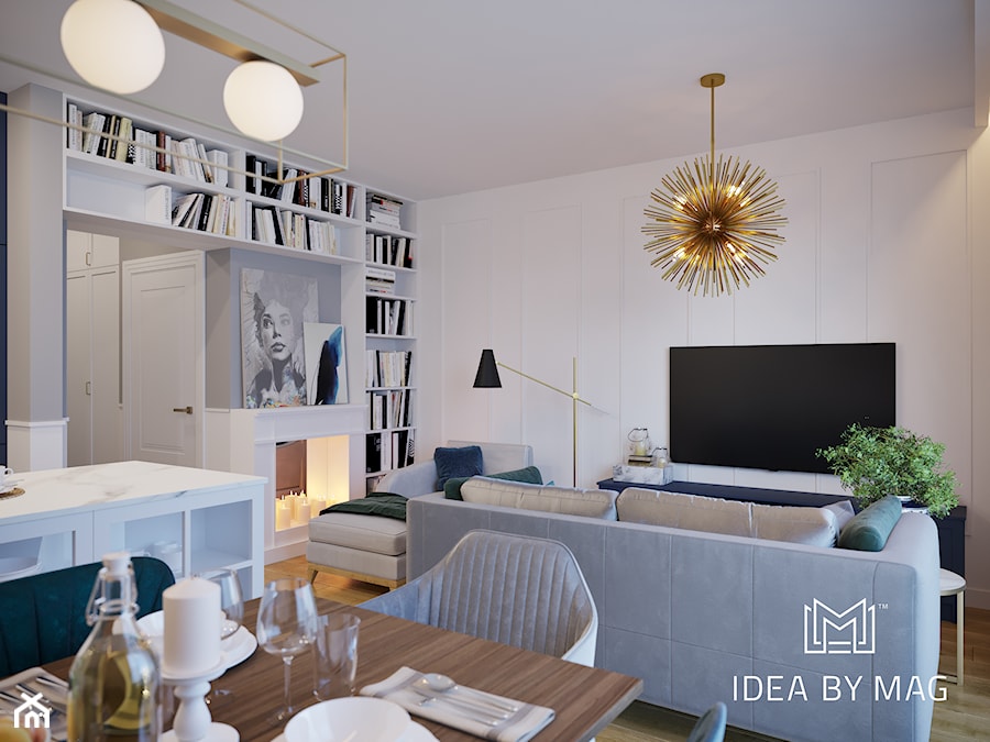 Projekt segmentu w klasycznym stylu - Średni biały salon z kuchnią z jadalnią z bibiloteczką, styl tradycyjny - zdjęcie od Idea by Mag.
