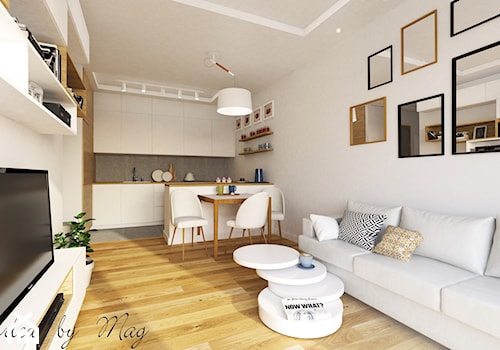 Kobiece mieszkanie. - Mały biały salon z kuchnią z jadalnią, styl tradycyjny - zdjęcie od Idea by Mag.
