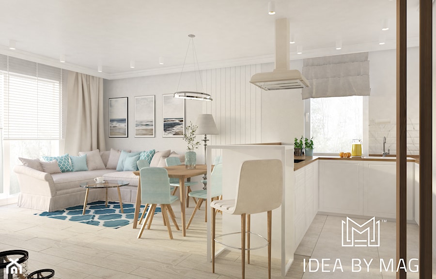 Nadmorskie klimaty - Średni biały salon z kuchnią z jadalnią, styl skandynawski - zdjęcie od Idea by Mag.