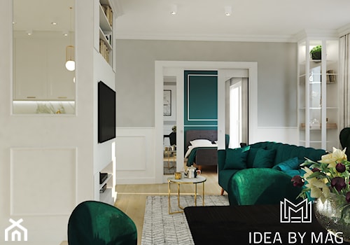 Marmur z dodatkiem koloru, połączenie idealne - Średni biały szary salon z jadalnią, styl tradycyjny - zdjęcie od Idea by Mag.