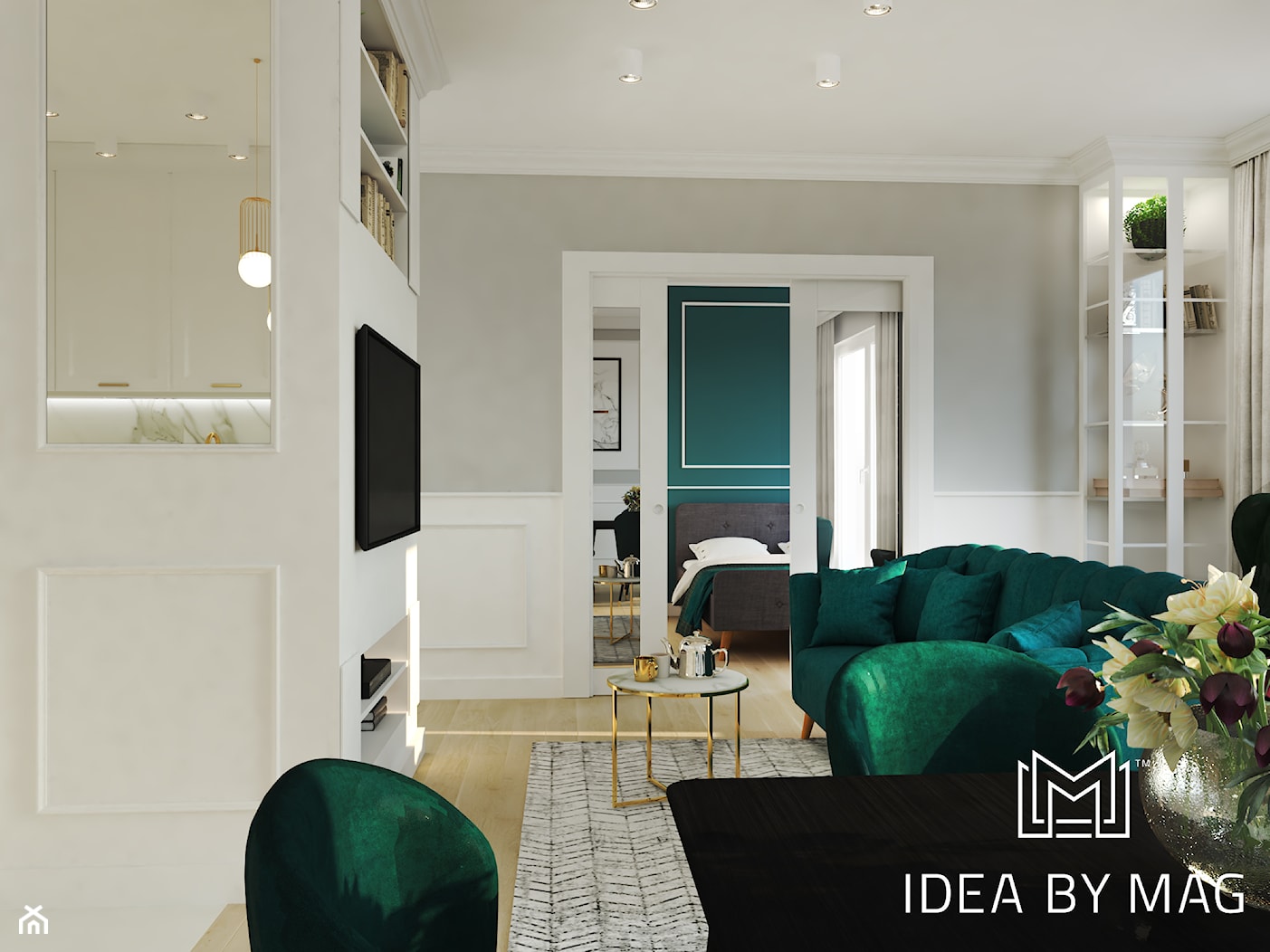 Marmur z dodatkiem koloru, połączenie idealne - Średni biały szary salon z jadalnią, styl tradycyjny - zdjęcie od Idea by Mag. - Homebook