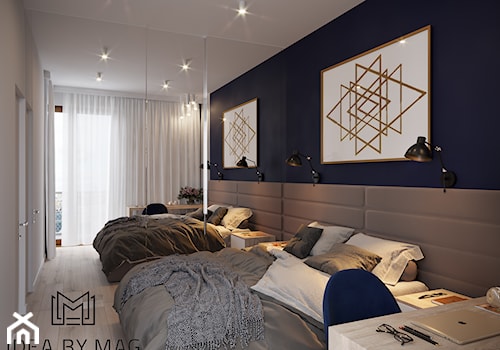 50 m2 - Mała niebieska szara z biurkiem sypialnia, styl nowoczesny - zdjęcie od Idea by Mag.
