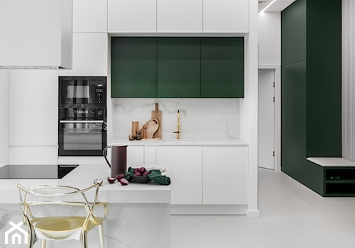 Apartament Zielona Ściana - Średnia otwarta szara z zabudowaną lodówką z podblatowym zlewozmywakiem kuchnia dwurzędowa z marmurem nad blatem kuchennym, styl nowoczesny - zdjęcie od Idea by Mag.