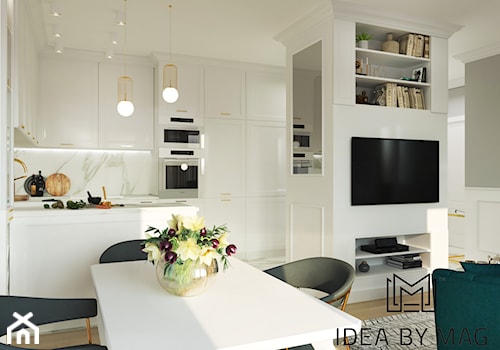 Marmur z dodatkiem koloru, połączenie idealne - Mała biała szara jadalnia w salonie w kuchni, styl ... - zdjęcie od Idea by Mag.