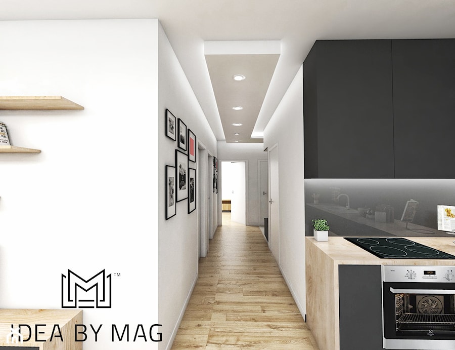 2+2 - Średnia z salonem biała szara z zabudowaną lodówką kuchnia w kształcie litery l, styl nowoczesny - zdjęcie od Idea by Mag.