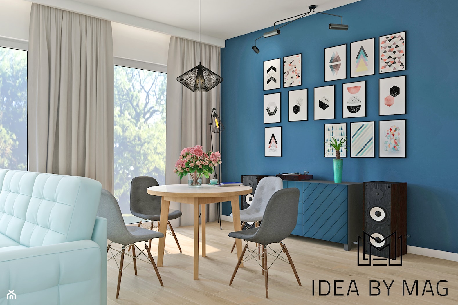 Segment. - Mały niebieski szary salon z jadalnią, styl skandynawski - zdjęcie od Idea by Mag. - Homebook