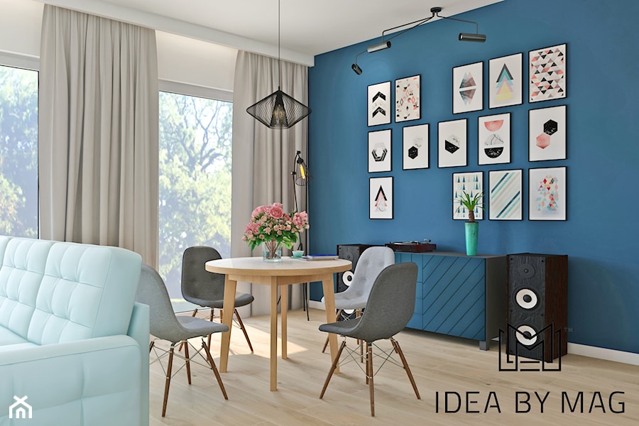 Segment. - Mały niebieski szary salon z jadalnią, styl skandynawski - zdjęcie od Idea by Mag.