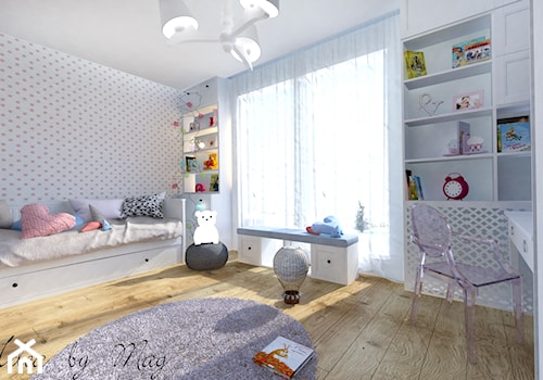 Ceglane wnętrze. - Duży biały różowy pokój dziecka dla dziecka dla dziewczynki, styl nowoczesny - zdjęcie od Idea by Mag.