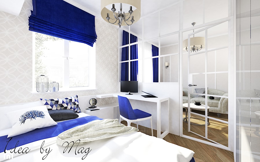 WYMAGAJĄCE 30 M2 - Średnia biała z biurkiem sypialnia, styl glamour - zdjęcie od Idea by Mag.