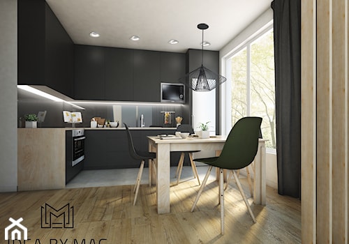 2+2 - Średnia z salonem biała czarna z zabudowaną lodówką z podblatowym zlewozmywakiem kuchnia w kształcie litery l z oknem, styl skandynawski - zdjęcie od Idea by Mag.