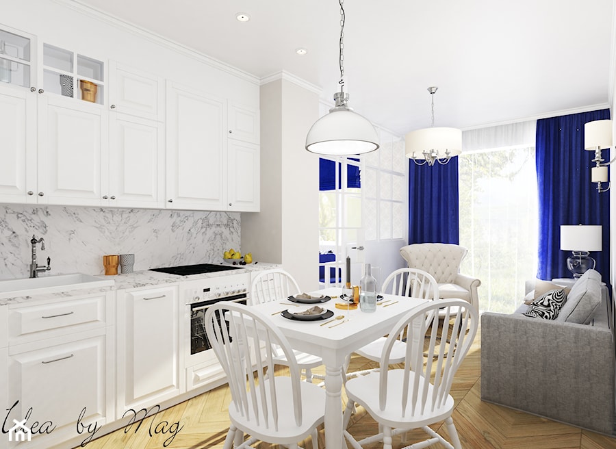 WYMAGAJĄCE 30 M2 - Mały biały salon z kuchnią z jadalnią, styl glamour - zdjęcie od Idea by Mag.