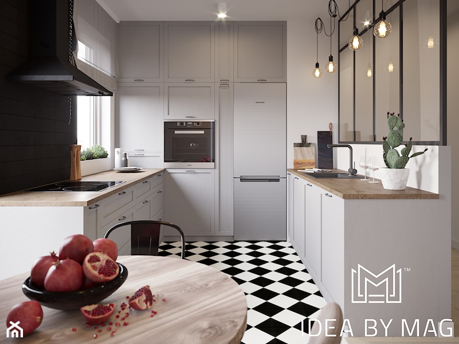 Klasyczny loft - Średnia zamknięta biała czarna z zabudowaną lodówką z lodówką wolnostojącą z nablatowym zlewozmywakiem kuchnia w kształcie litery u z oknem, styl industrialny - zdjęcie od Idea by Mag.