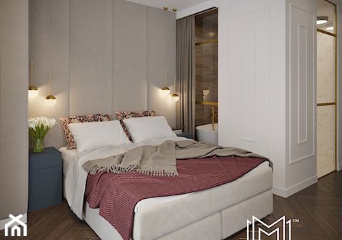 Złoto w prostej formie - Średnia biała szara sypialnia z łazienką, styl nowoczesny - zdjęcie od Idea by Mag.