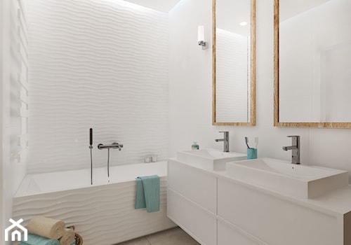 Nadmorskie klimaty - Mała bez okna z lustrem z dwoma umywalkami z punktowym oświetleniem łazienka, styl skandynawski - zdjęcie od Idea by Mag.