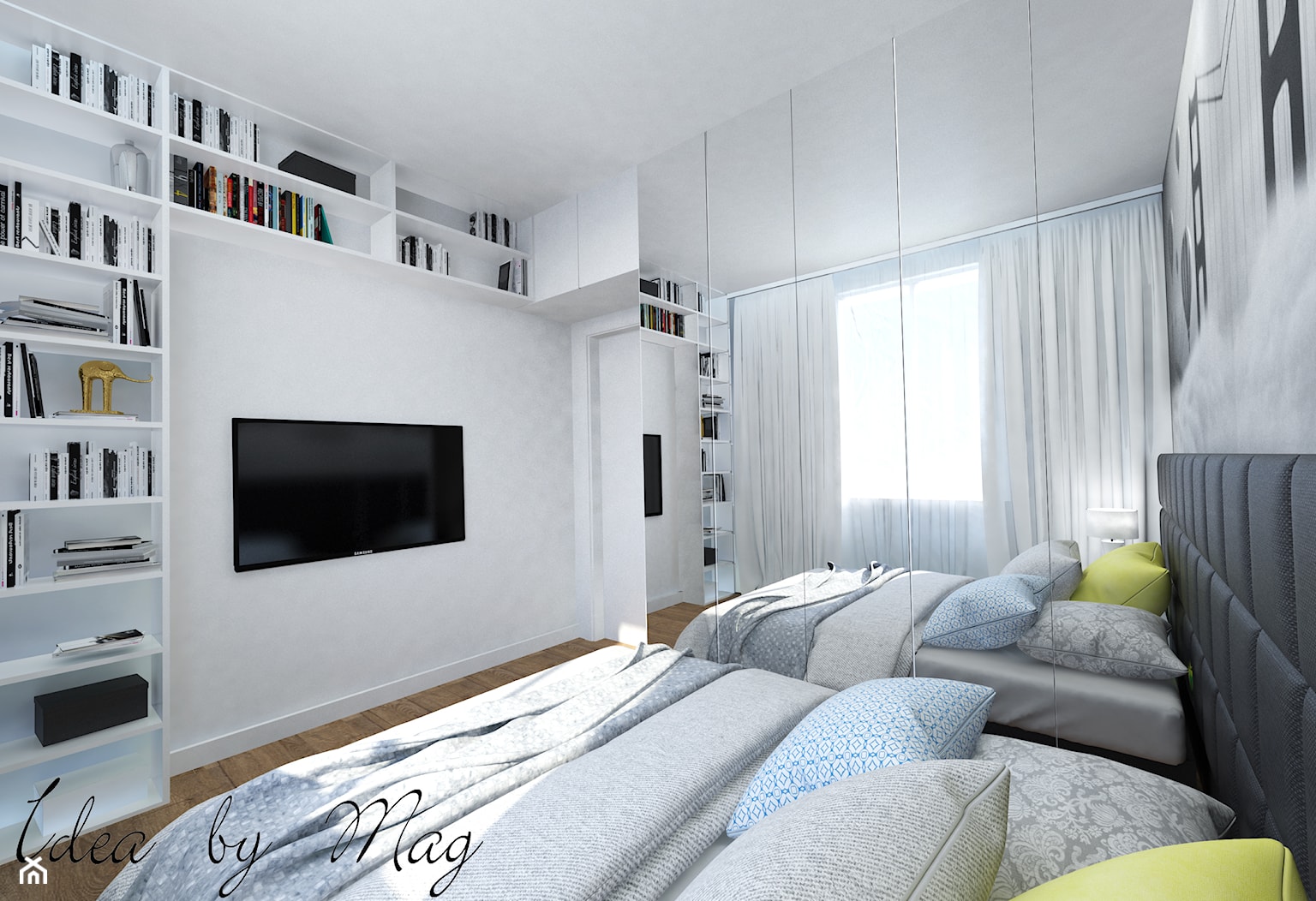 Męskie wnętrze. - Duża biała sypialnia, styl nowoczesny - zdjęcie od Idea by Mag. - Homebook