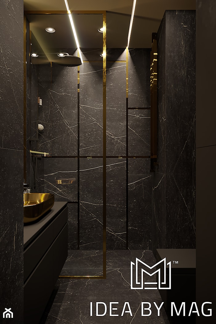 Złoto w prostej formie - Mała bez okna z lustrem z marmurową podłogą z punktowym oświetleniem łazienka, styl nowoczesny - zdjęcie od Idea by Mag. - Homebook
