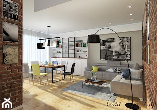 Ceglane wnętrze. - Średni biały salon z kuchnią z jadalnią, styl rustykalny - zdjęcie od Idea by Mag.