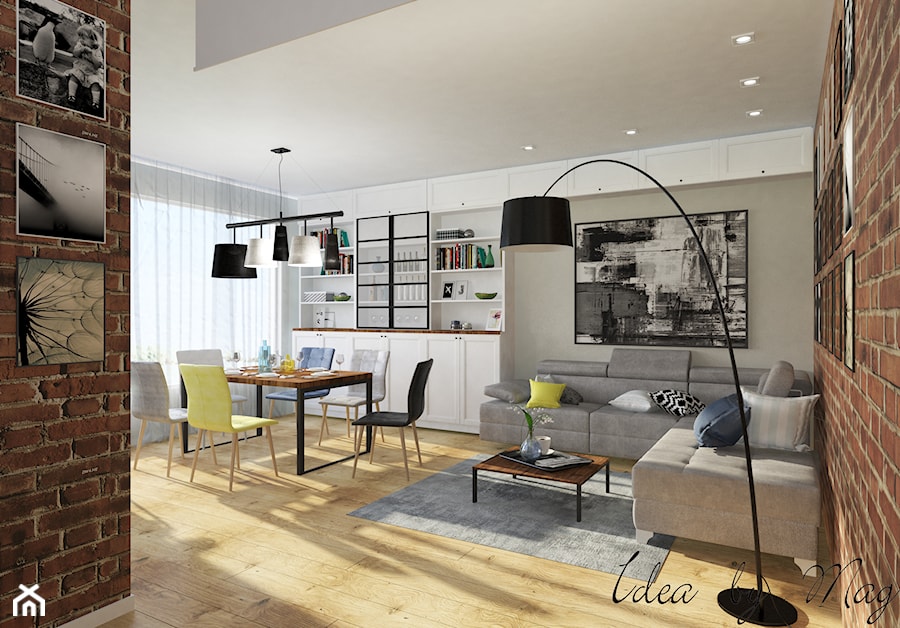 Ceglane wnętrze. - Średni biały salon z kuchnią z jadalnią, styl rustykalny - zdjęcie od Idea by Mag.