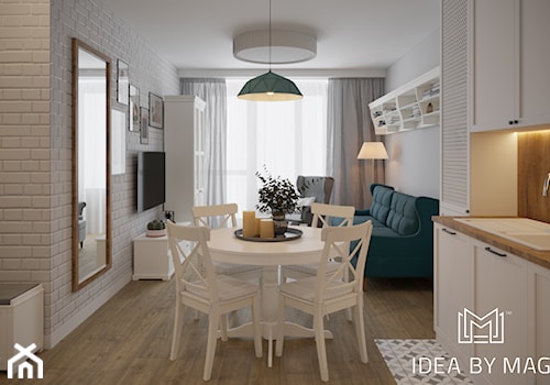 Skandynawskie wnętrze ze szczyptą koloru - Mała otwarta z salonem z nablatowym zlewozmywakiem kuchnia jednorzędowa z oknem, styl skandynawski - zdjęcie od Idea by Mag.