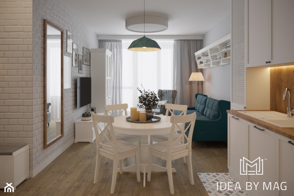 Skandynawskie wnętrze ze szczyptą koloru - Mała otwarta z salonem z nablatowym zlewozmywakiem kuchnia jednorzędowa z oknem, styl skandynawski - zdjęcie od Idea by Mag. - Homebook