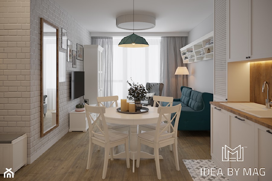 Skandynawskie wnętrze ze szczyptą koloru - Mała otwarta z salonem z nablatowym zlewozmywakiem kuchnia jednorzędowa z oknem, styl skandynawski - zdjęcie od Idea by Mag.