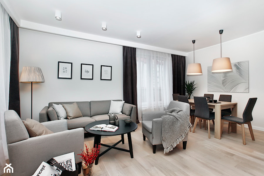 Apartament szary. - Średnia biała jadalnia w salonie, styl skandynawski - zdjęcie od DEKA DESIGN