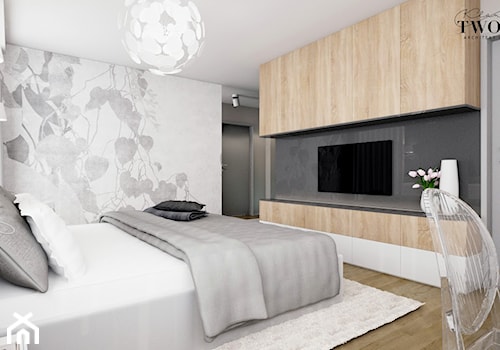 Dom w Ksawerowie - Duża biała szara sypialnia, styl nowoczesny - zdjęcie od Klaudia Tworo Projektowanie Wnętrz