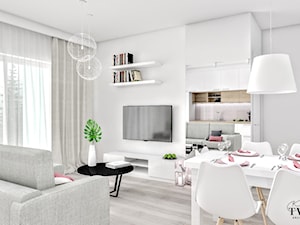 Mieszkanie w Łodzi - Mały biały salon z kuchnią z jadalnią z tarasem / balkonem - zdjęcie od Klaudia Tworo Projektowanie Wnętrz