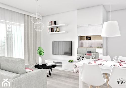 Mieszkanie w Łodzi - Mały biały salon z kuchnią z jadalnią z tarasem / balkonem - zdjęcie od Klaudia Tworo Projektowanie Wnętrz