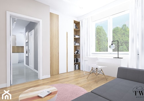 Dom Sadkowice - Średnie w osobnym pomieszczeniu z sofą beżowe białe biuro, styl nowoczesny - zdjęcie od Klaudia Tworo Projektowanie Wnętrz