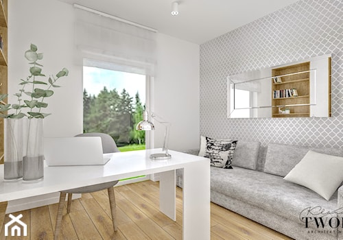 Dom w Jarocinie - Średnie w osobnym pomieszczeniu z sofą białe szare biuro, styl nowoczesny - zdjęcie od Klaudia Tworo Projektowanie Wnętrz
