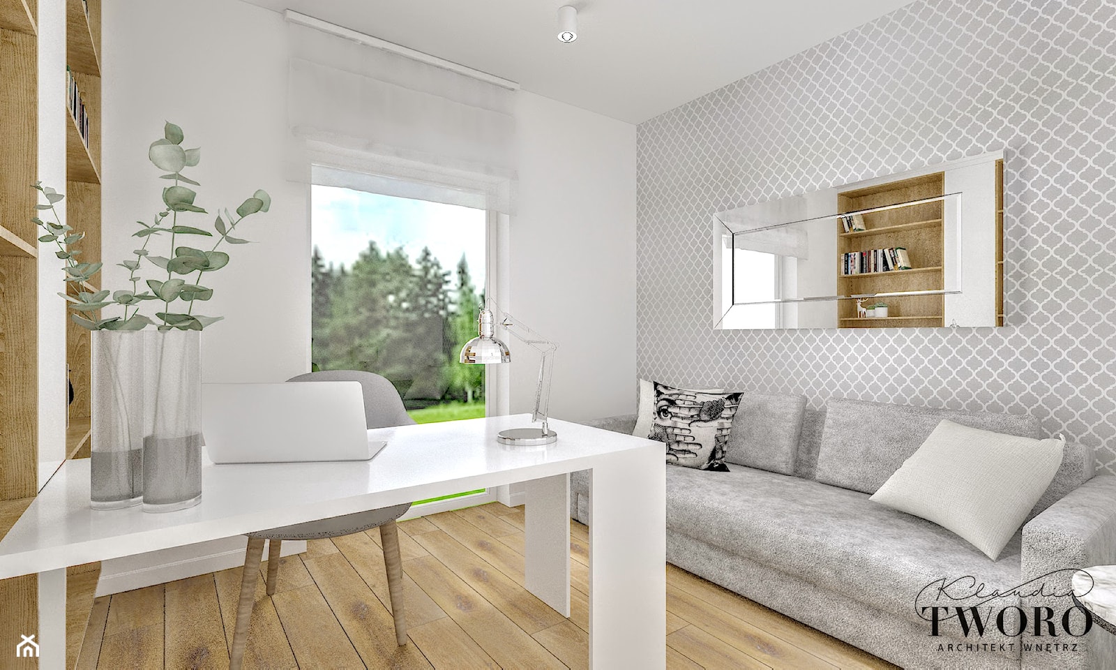 Dom w Jarocinie - Średnie w osobnym pomieszczeniu z sofą białe szare biuro, styl nowoczesny - zdjęcie od Klaudia Tworo Projektowanie Wnętrz - Homebook